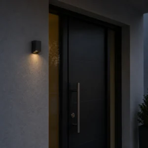 XGYSWL-LTRP-E0.15 low-output solar wall light installed beside an exterior entrance at dusk