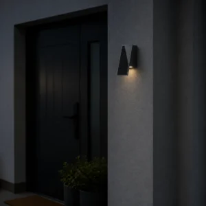 XGYSWL-MYSW-HT01-E0.4 angled solar wall light installed on an exterior wall