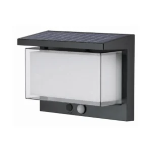 Black rectangular solar wall lantern with motion sensor on white background