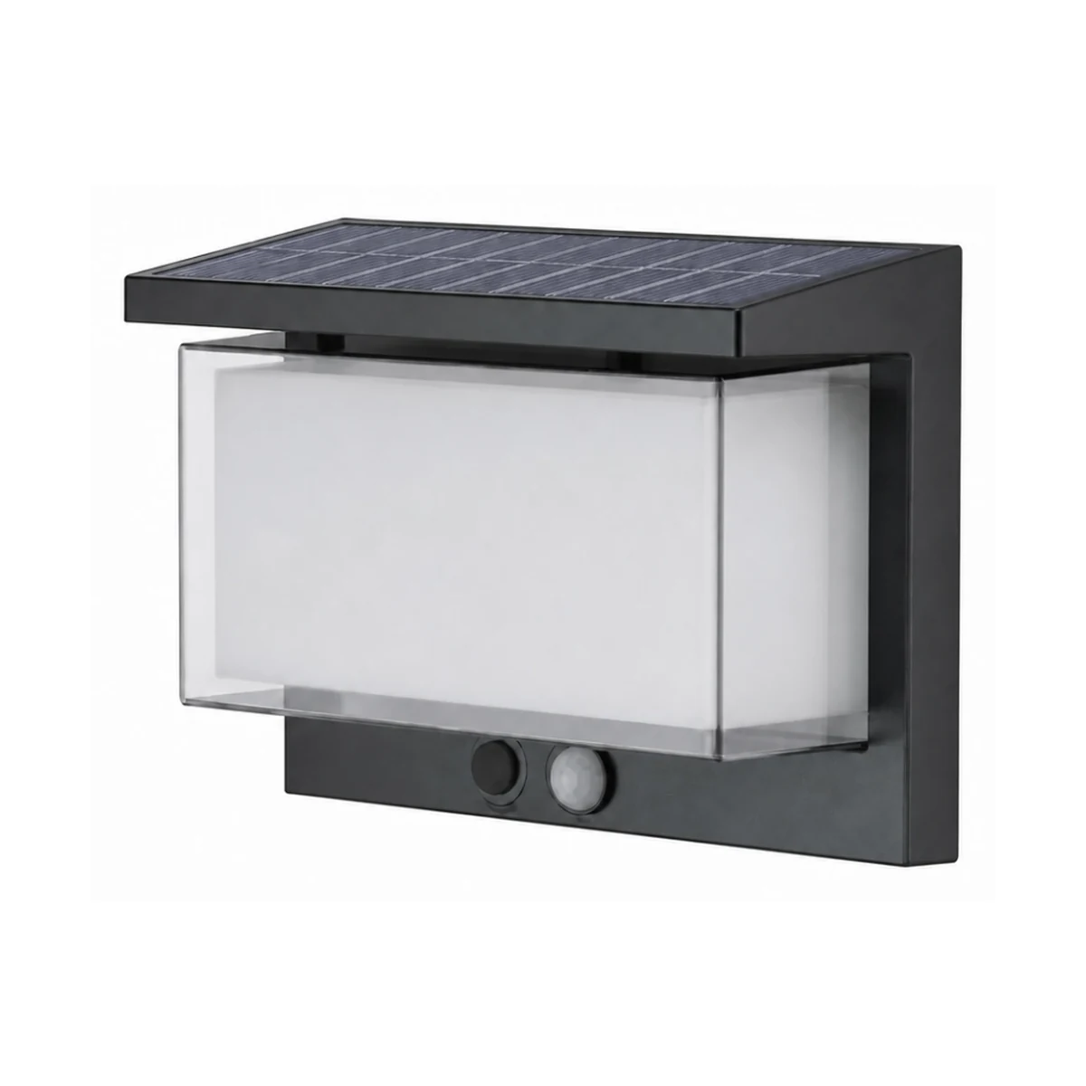 Black rectangular solar wall lantern with motion sensor on white background