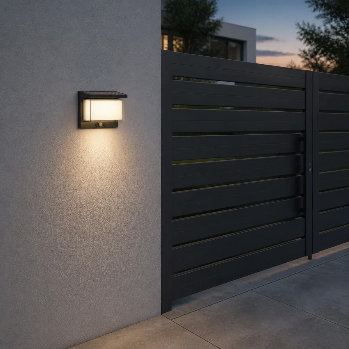 XGYSWL-MYSW-HY04-E6.7 solar wall lantern installed beside a residential boundary gate