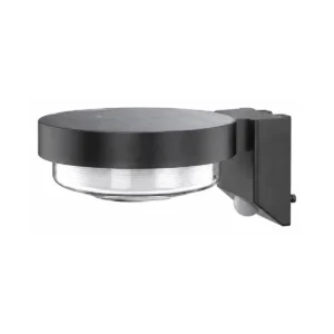 Black circular solar wall light with sensor on white background