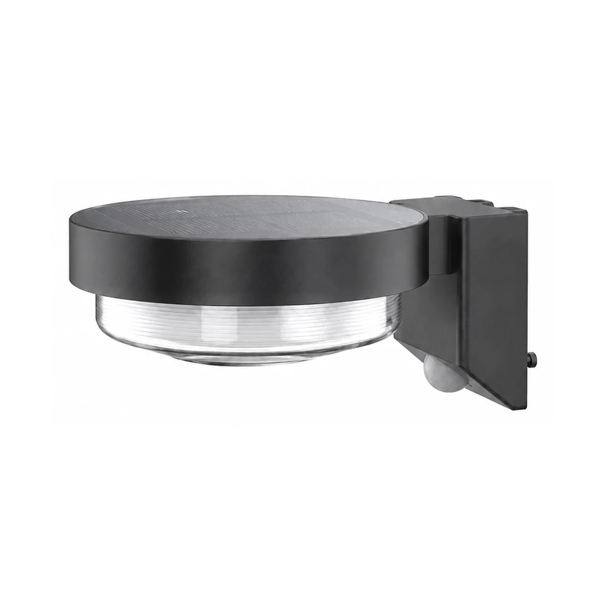 Black circular solar wall light with sensor on white background
