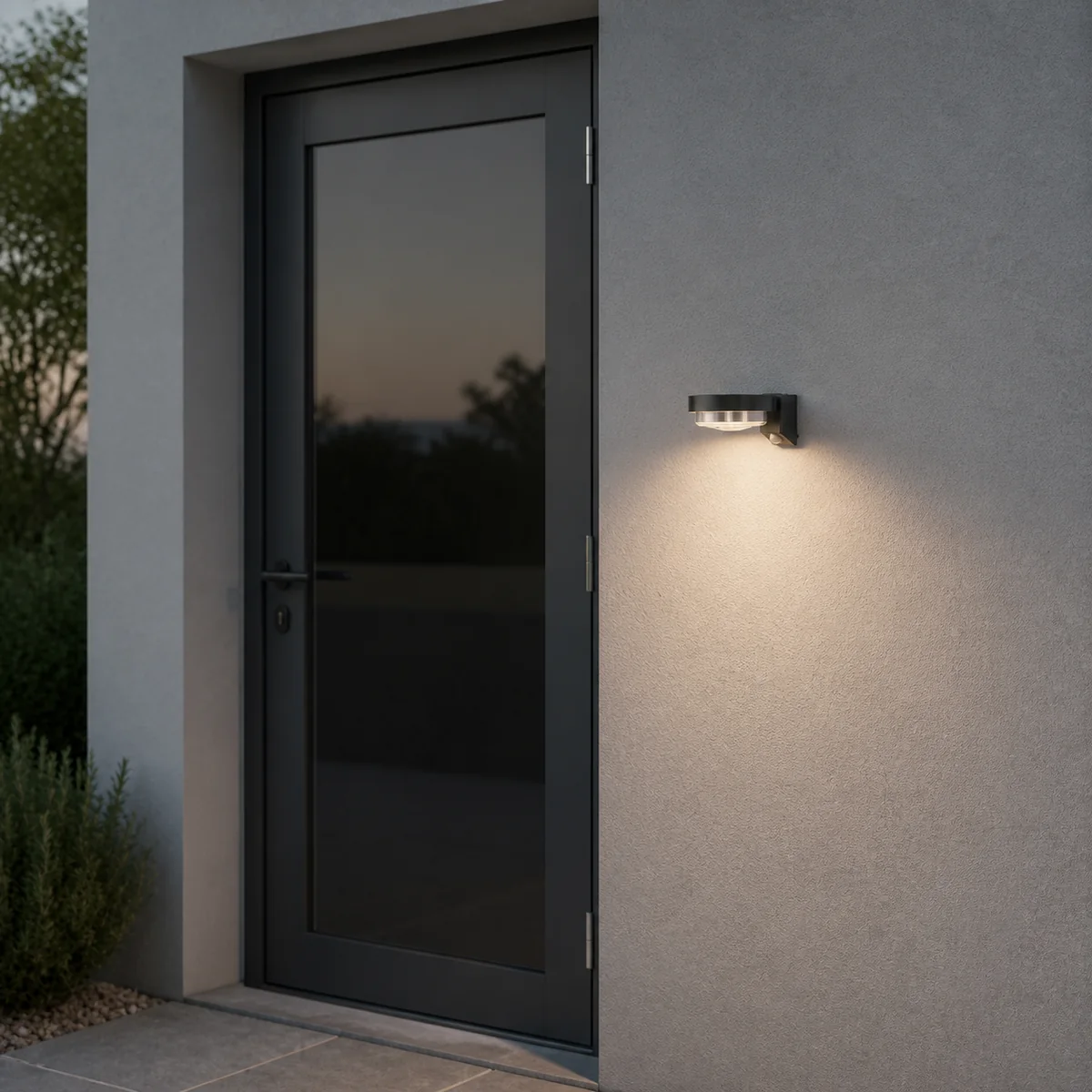 XGYSWL-MYSW-SR01-E2.5 circular solar wall light installed on an exterior wall
