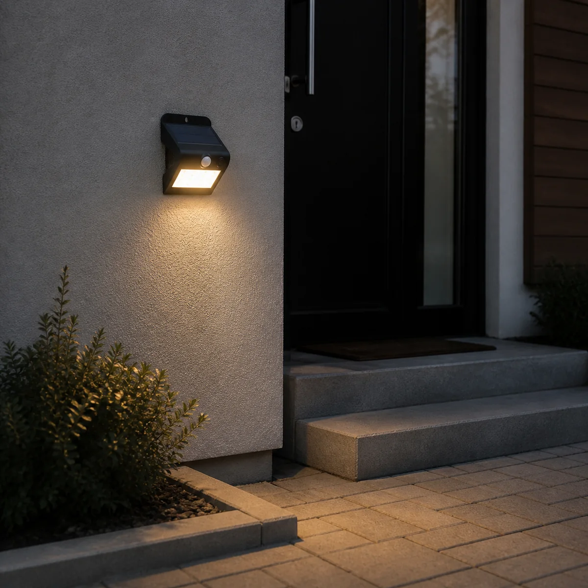 XGYSWL-MYSW-STC03-E2.5 compact solar wall light installed on an exterior wall