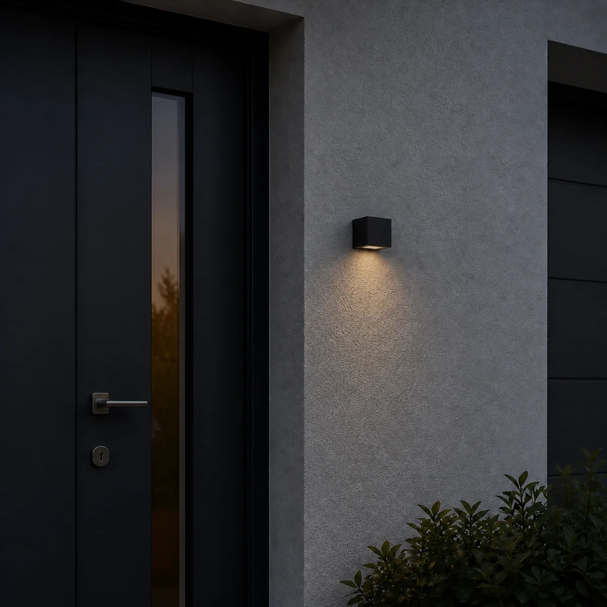 XGYSWL-STRP-E0.15 low-output solar wall light installed beside an exterior entrance at dusk