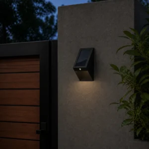 XGYSWL-TRNG-E0.2 low-output solar wall light installed beside an exterior entrance at dusk