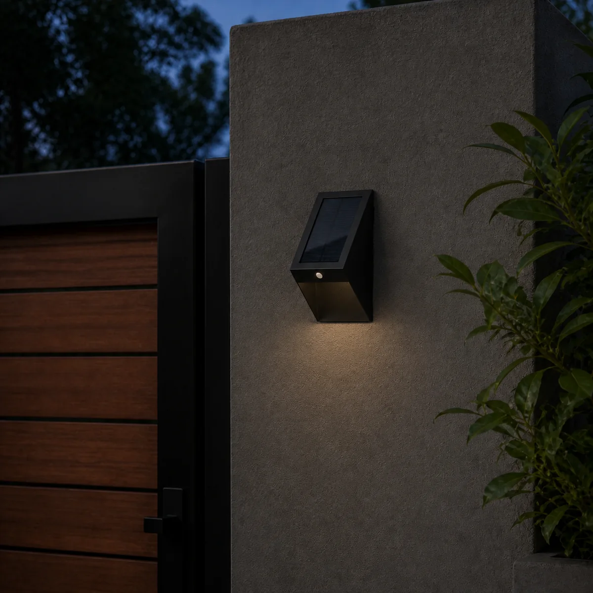 XGYSWL-TRNG-E0.2 low-output solar wall light installed beside an exterior entrance at dusk
