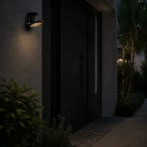 XGYSWL-WFLEN-E0.3 low-output solar wall light installed beside an exterior entrance at dusk