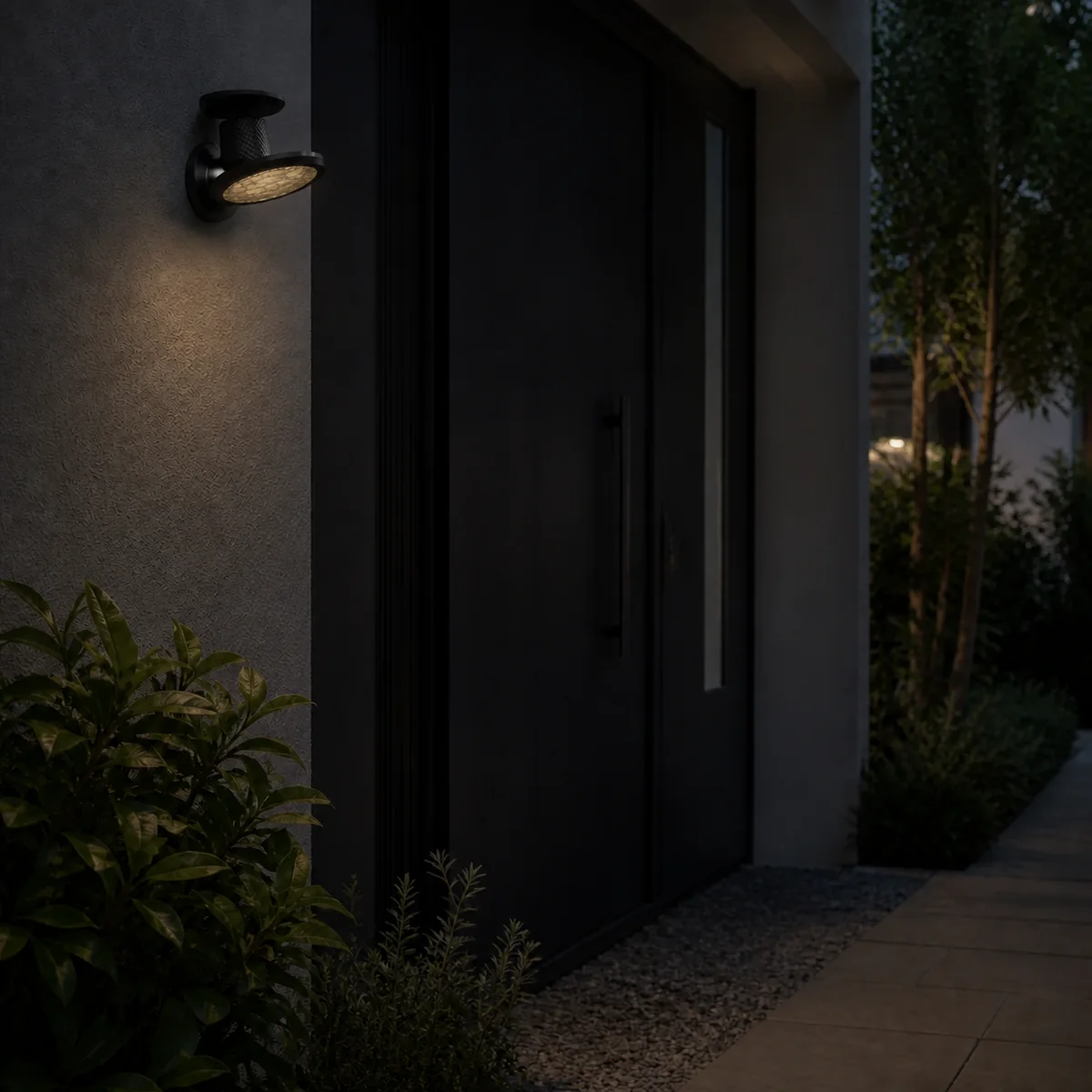 XGYSWL-WFLEN-E0.3 low-output solar wall light installed beside an exterior entrance at dusk