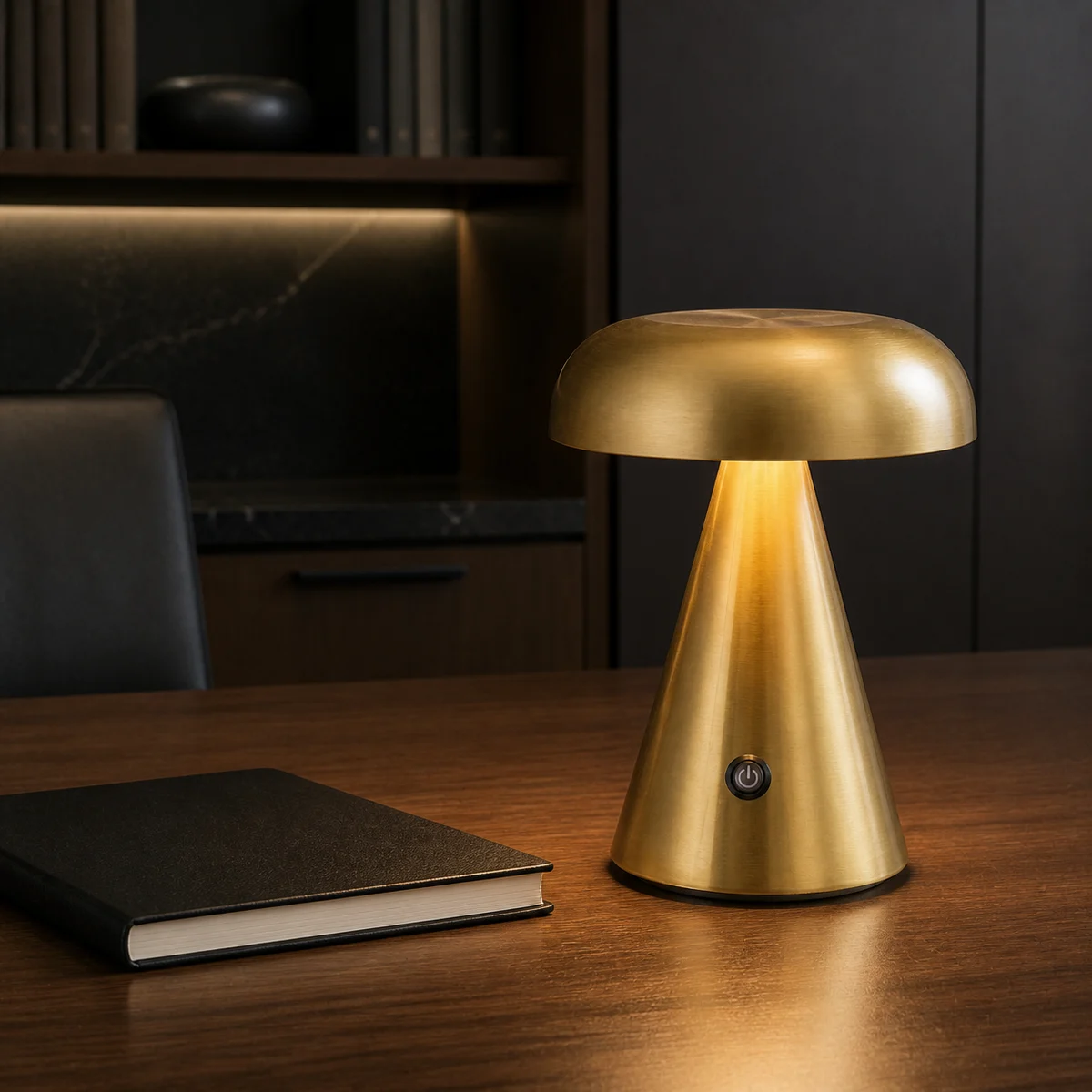 Brushed dome cordless LED table lamp on an indoor work table