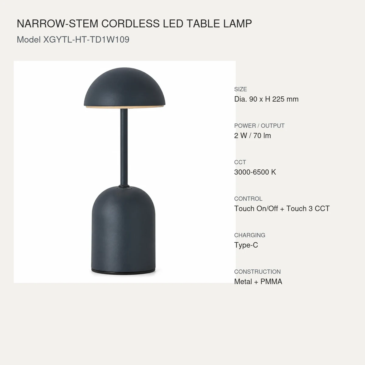 XGYTL-HT-TD1W109 narrow-stem cordless LED table lamp model and size