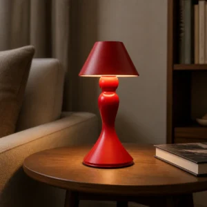 red compact sculpted cordless LED table lamp on a lounge side table