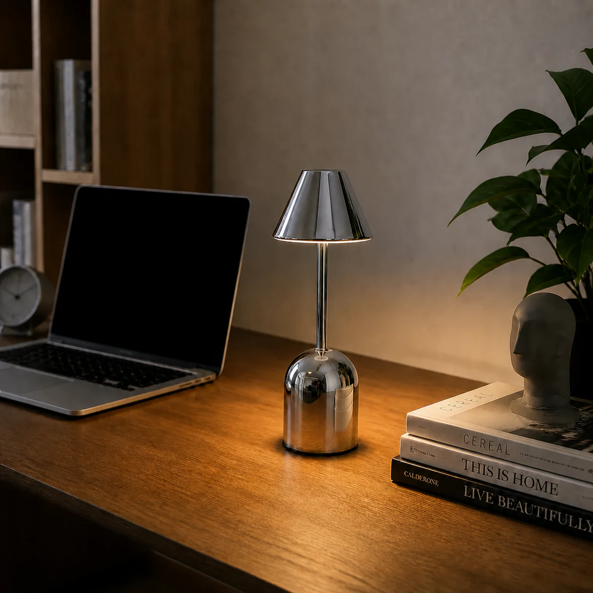 chrome metallic dome cordless LED table lamp on a home office desk