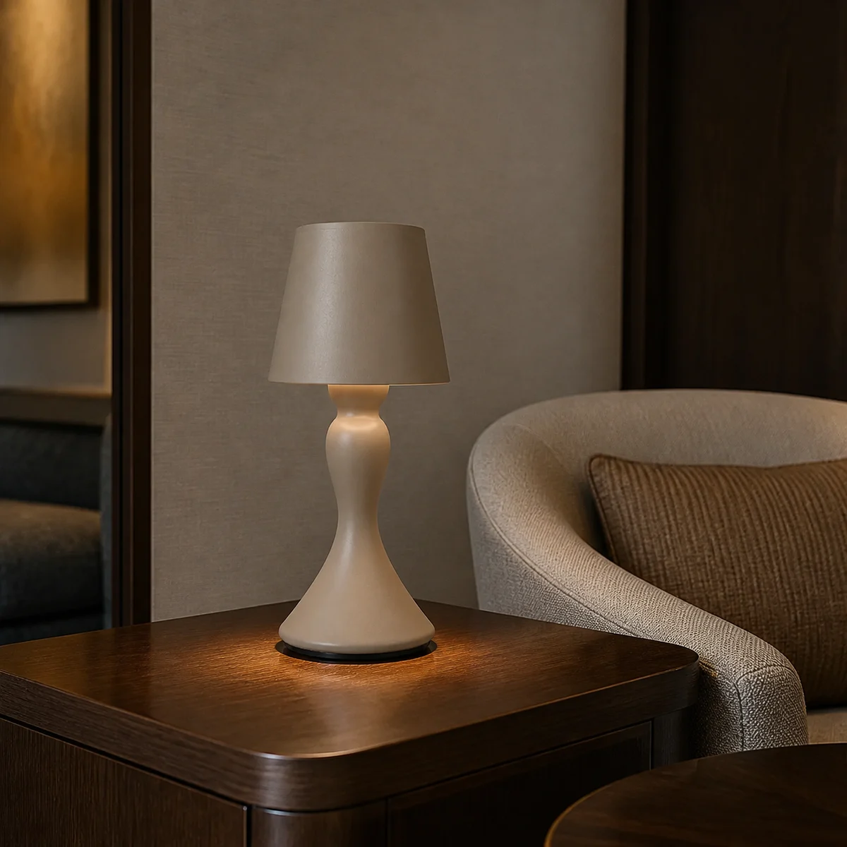 Sculpted cordless LED table lamp on an indoor side table