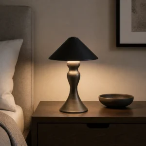 Classic cone-shade cordless LED table lamp on a bedside table