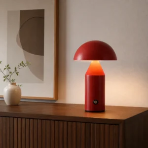 Red compact mushroom cordless LED table lamp on an indoor sideboard