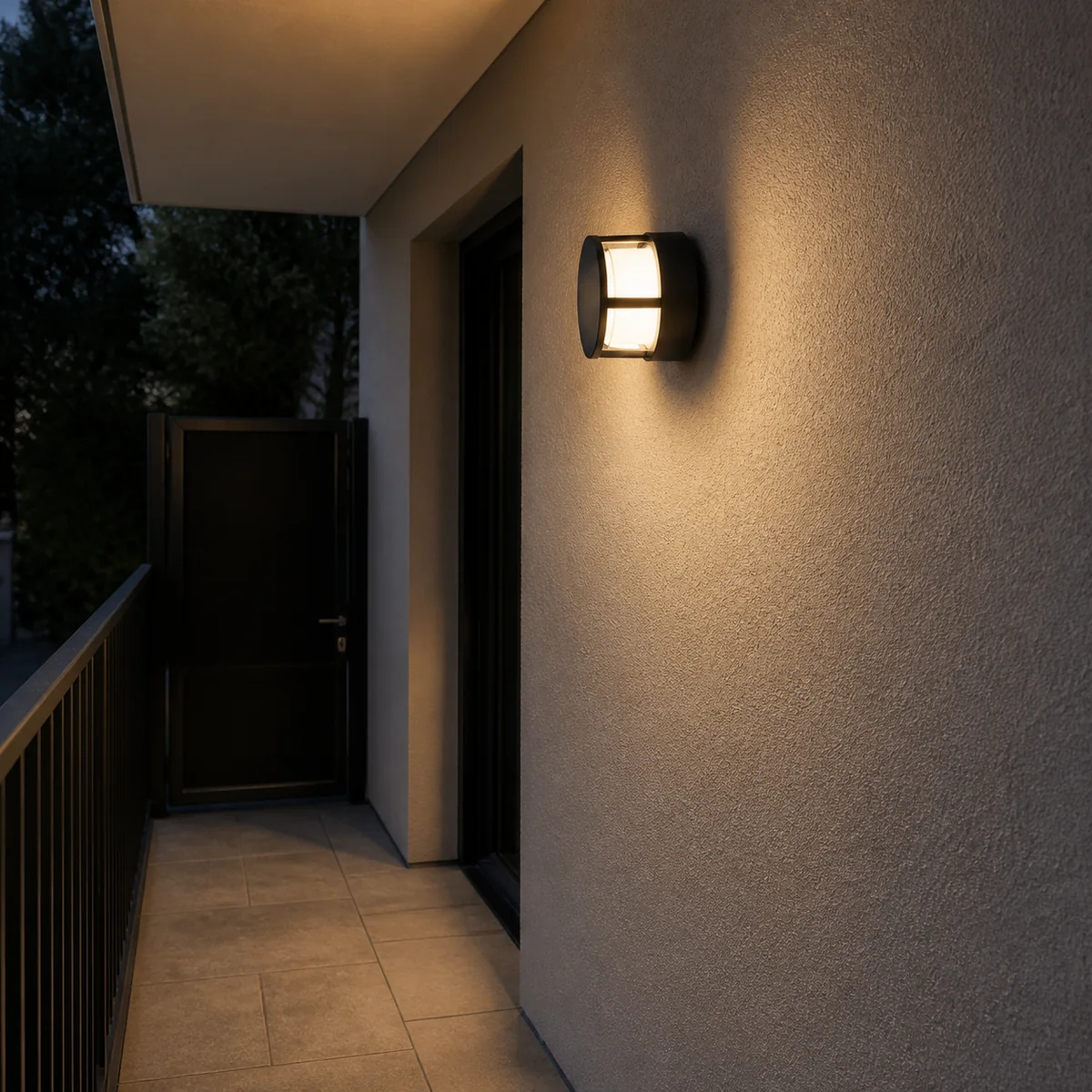 XGYWL-NZ44-E6 protective-cage LED wall light installed beside a sheltered entrance