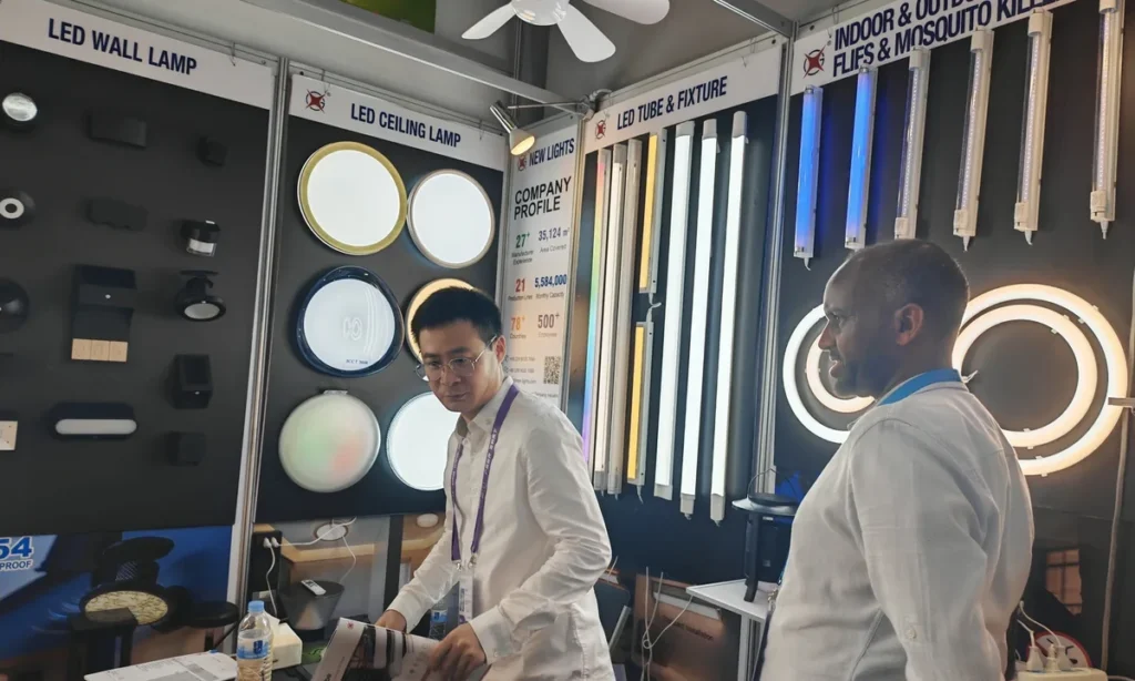 Product discussion at the New Lights booth during the 2026 Spring Canton Fair