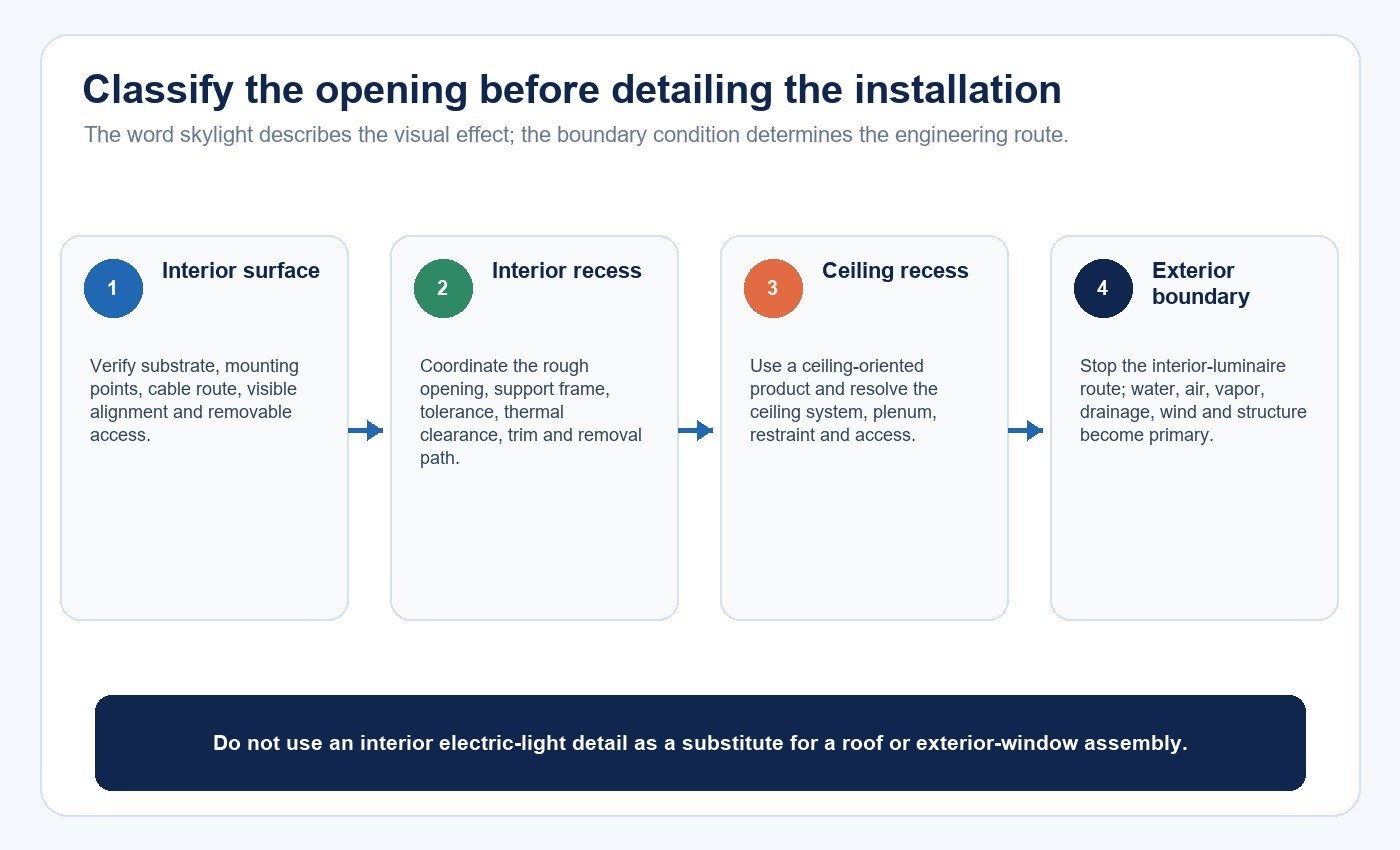 Decision map for classifying an artificial skylight opening as interior wall, ceiling or exterior envelope