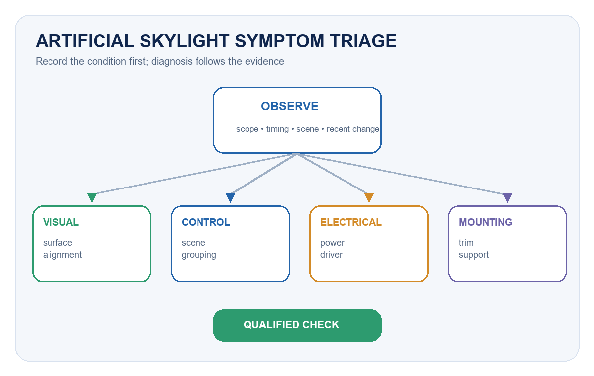 Artificial skylight symptom triage flow from observation to visual, control, electrical or mounting checks