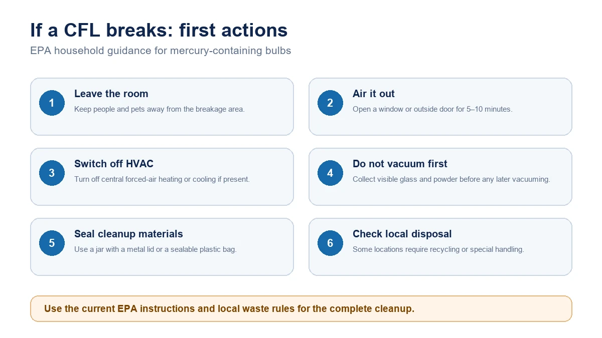 Six first actions after a compact fluorescent lamp breaks, based on EPA household guidance.