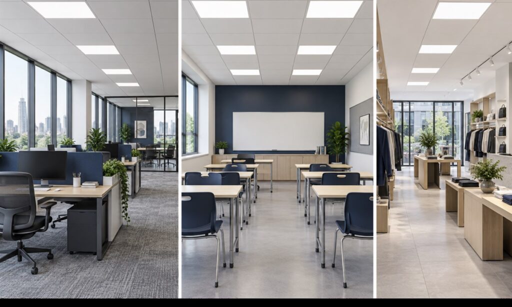 Office, classroom and retail interiors using ceiling-integrated LED panel lights