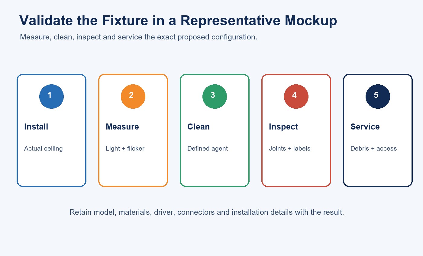 Five-step clean-space fixture mockup validation covering installation, measurement, cleaning, inspection and service