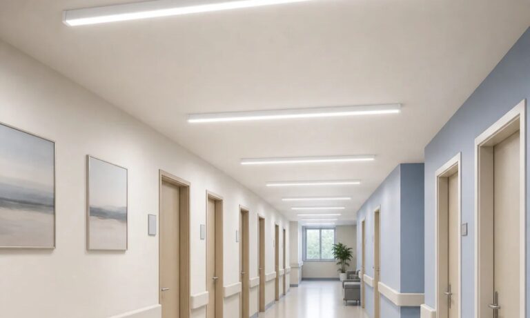 Linear LED fixtures illuminating a clean healthcare corridor