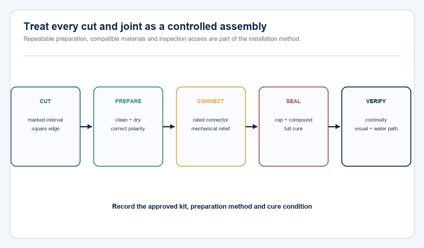 Workflow for cutting connecting sealing and verifying waterproof LED strip joints