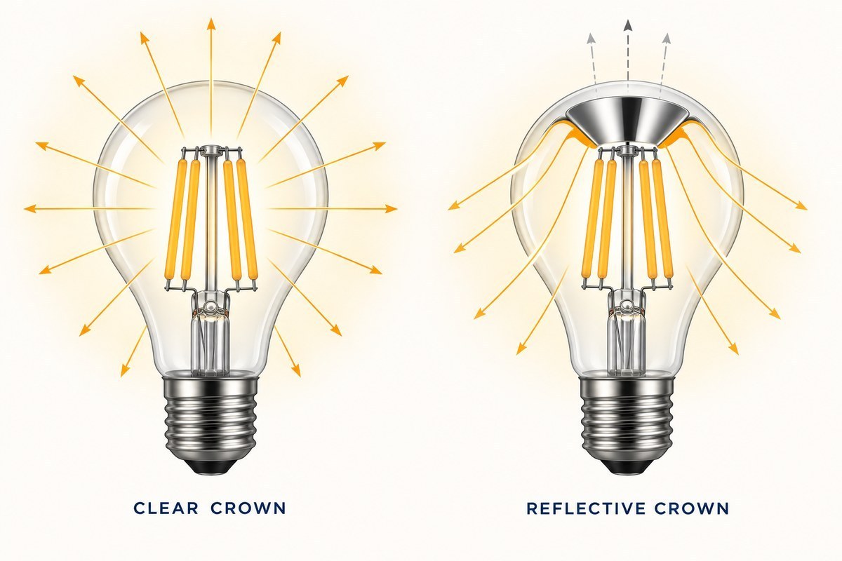 Conceptual comparison of light paths in clear-crown and reflective-crown LED filament bulbs