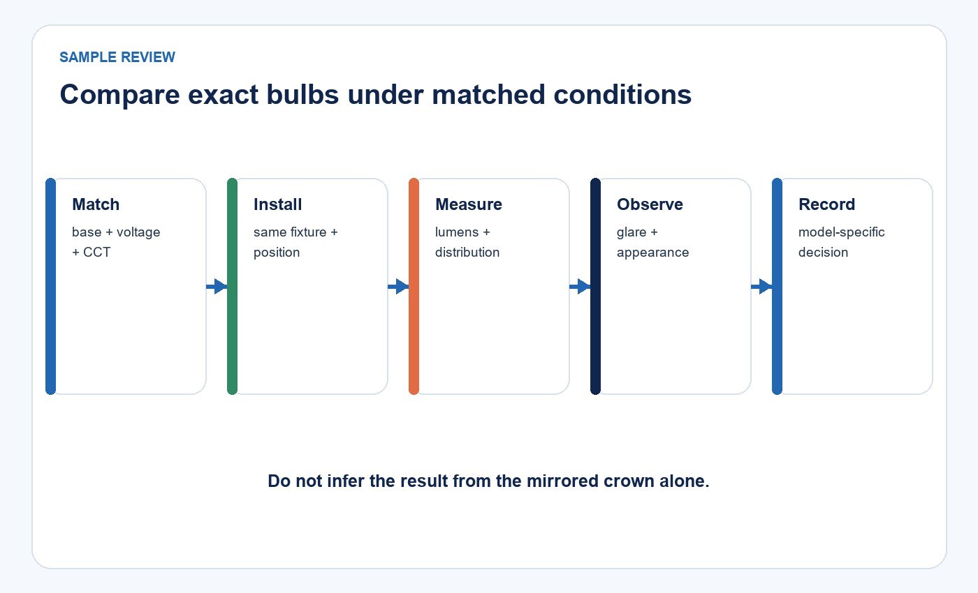 Matched sample-review sequence for crown-reflector and comparison LED bulbs