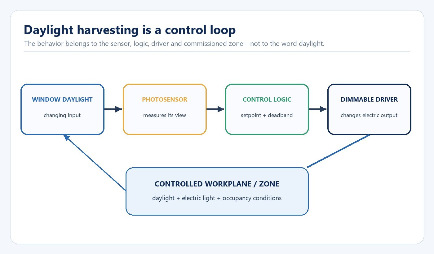 Daylight harvesting control loop from window daylight to sensor controller and dimmable driver