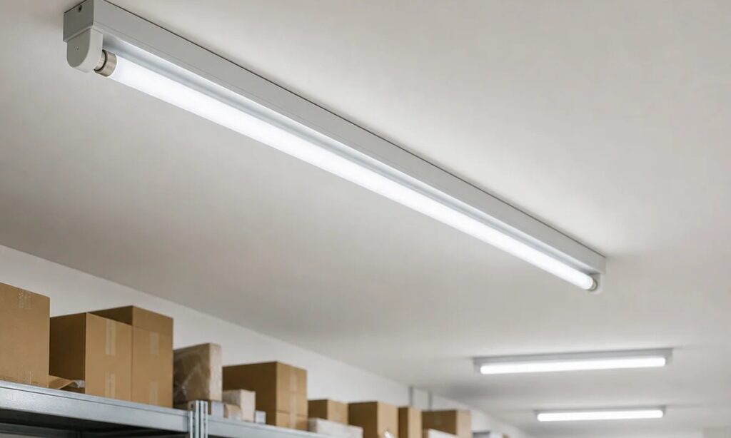 T8 fluorescent tube fixtures illuminating a commercial stockroom