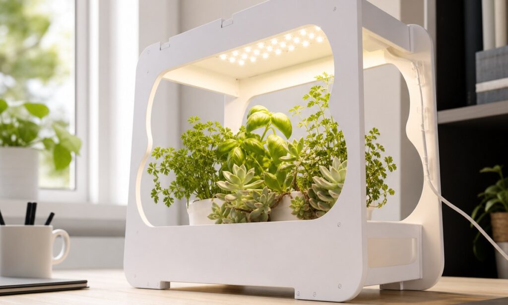 Desktop LED growing fixture illuminating herbs and small plants on a table