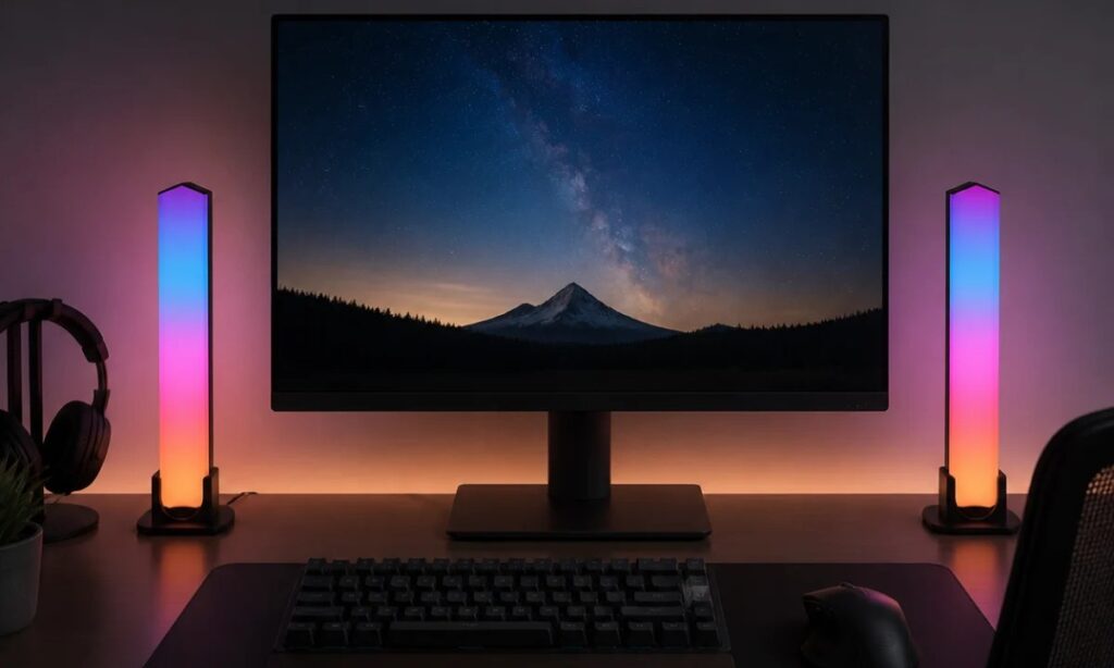 Desktop RGB atmosphere light bars beside a gaming monitor