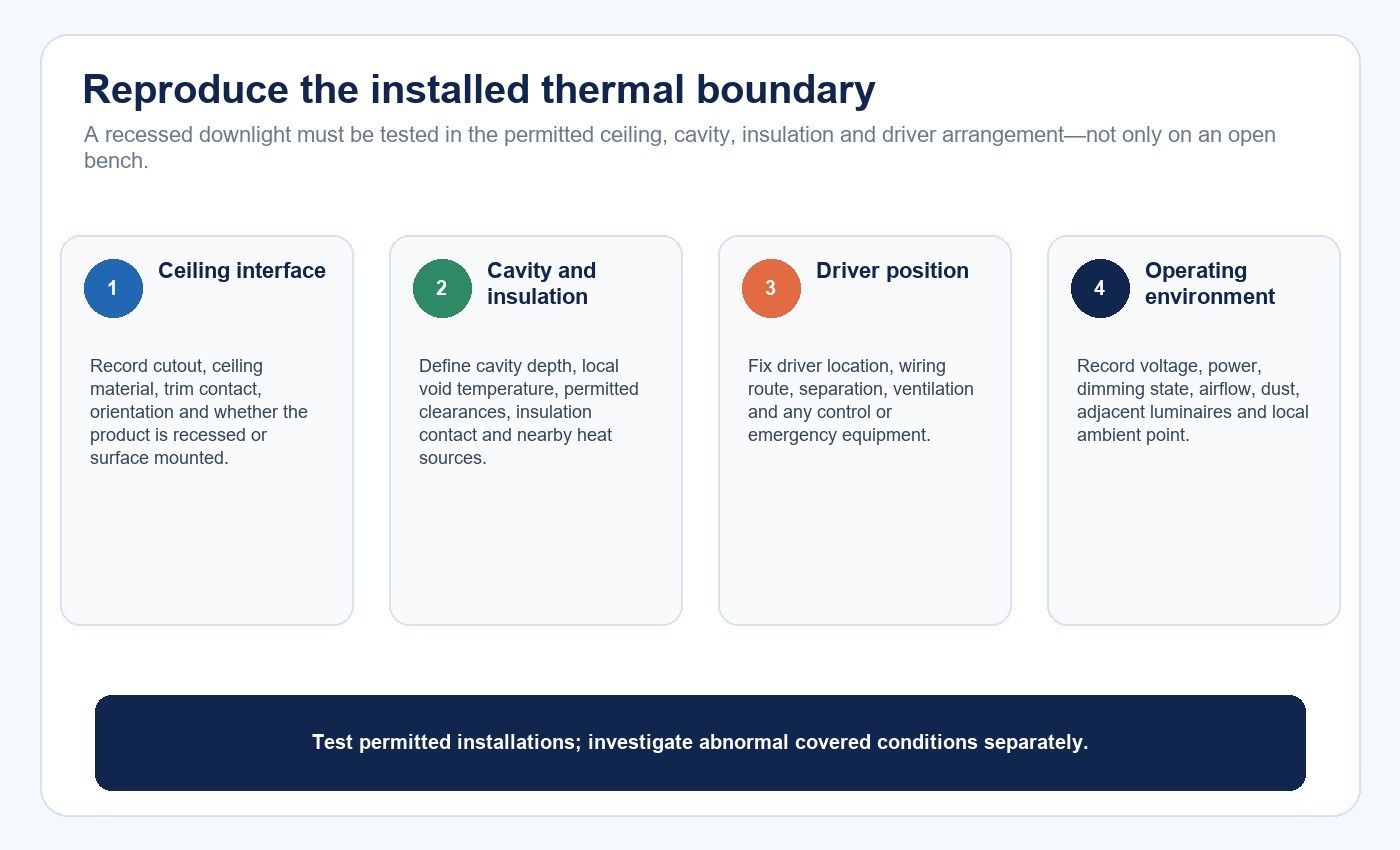 Recessed LED downlight installation boundary for thermal testing