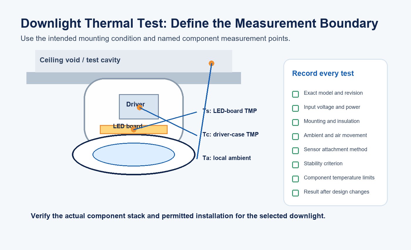 Diagram showing LED board, driver case and local ambient temperature measurement points in a recessed downlight test