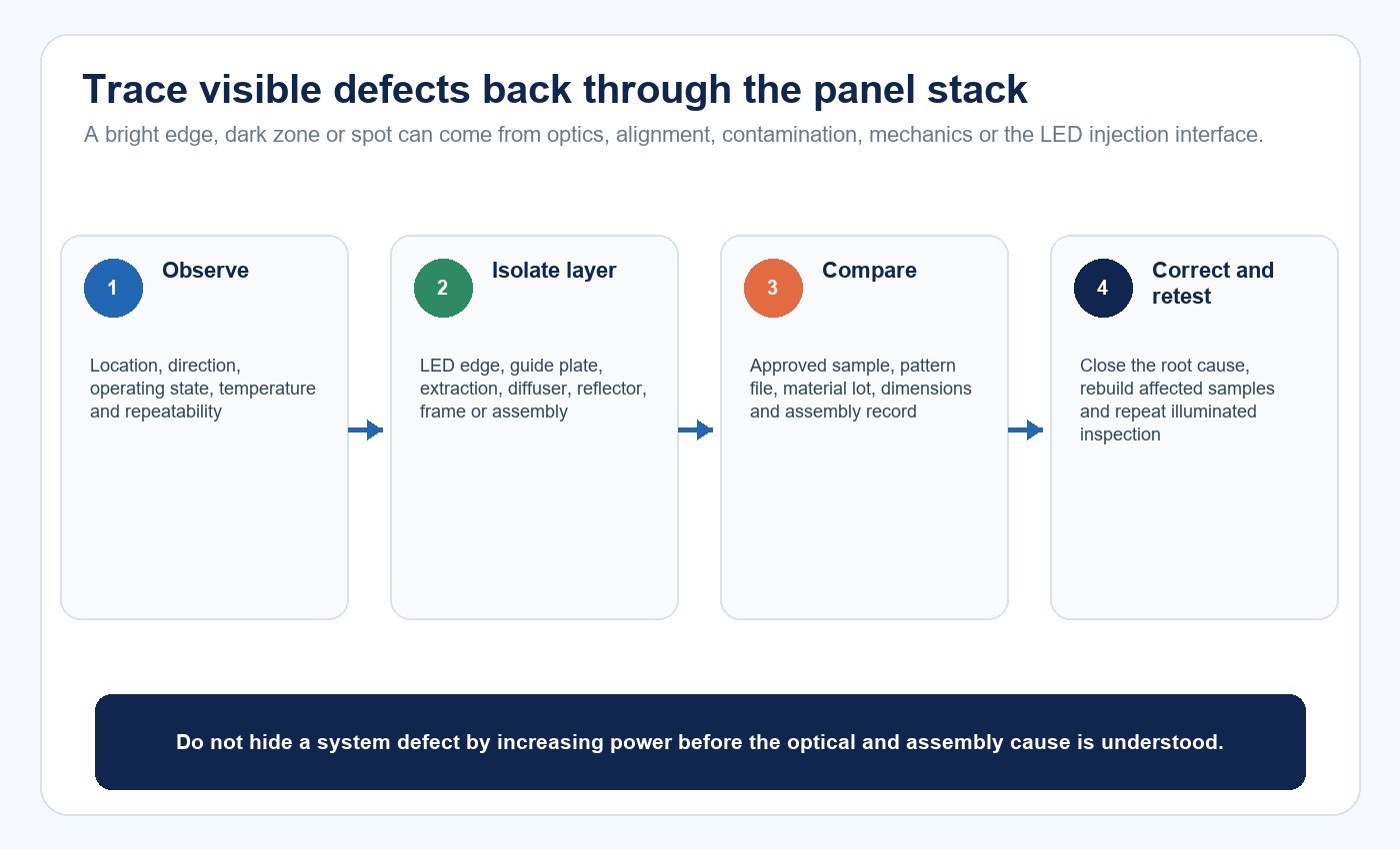 Edge-lit LED panel defect diagnosis workflow from observation to retest