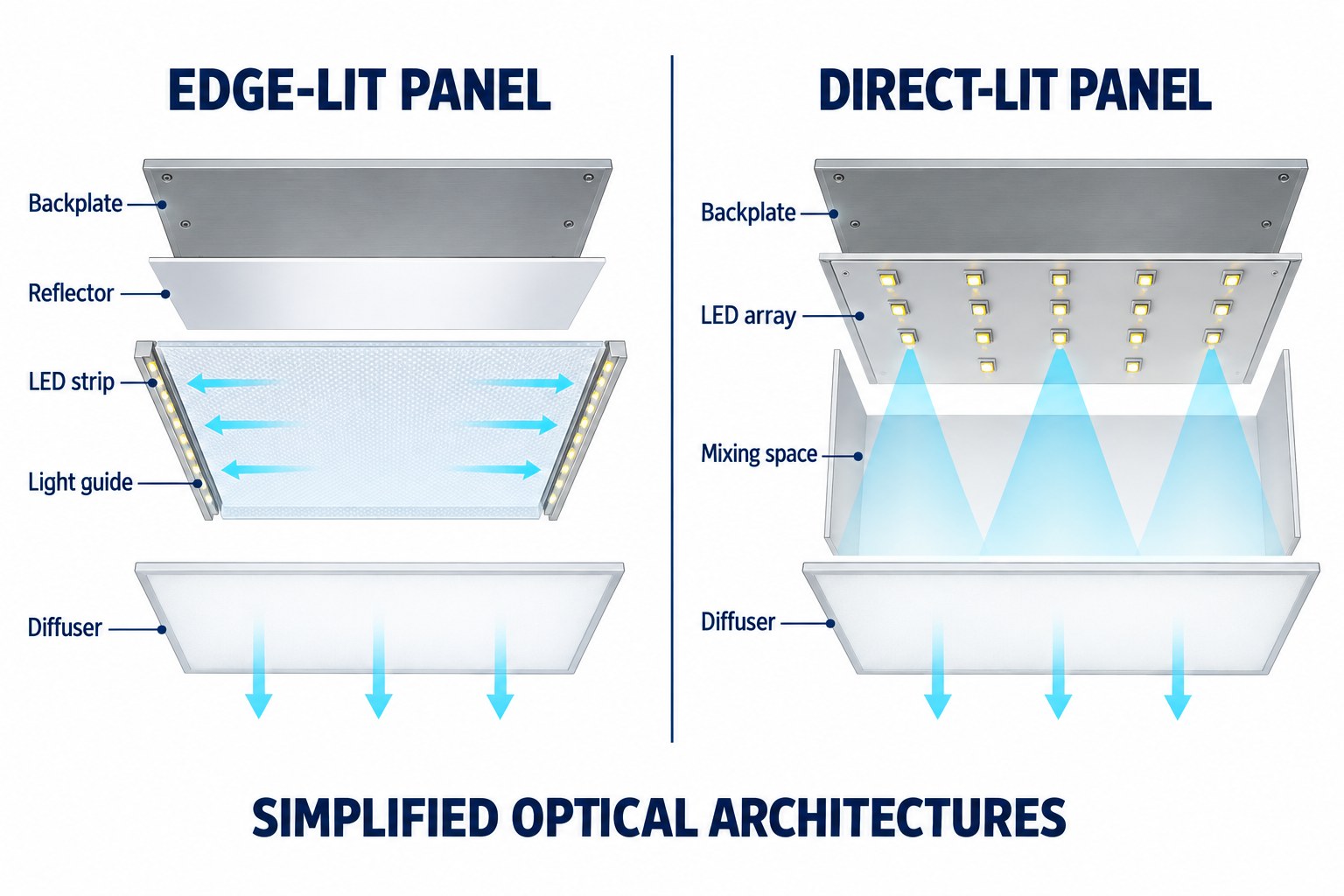 Simplified comparison of edge-lit and direct-lit LED panel optical architectures