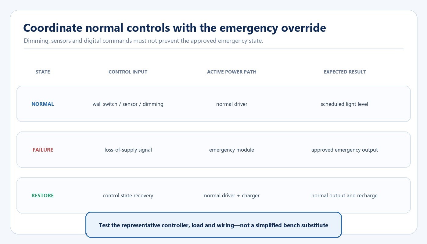 Normal emergency and restored control paths for an emergency lighting system
