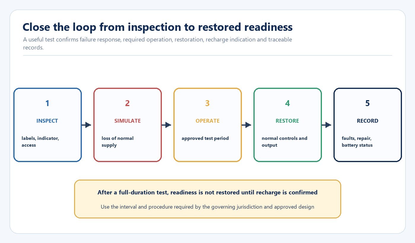 Emergency lighting inspection failure simulation duration restoration and record sequence