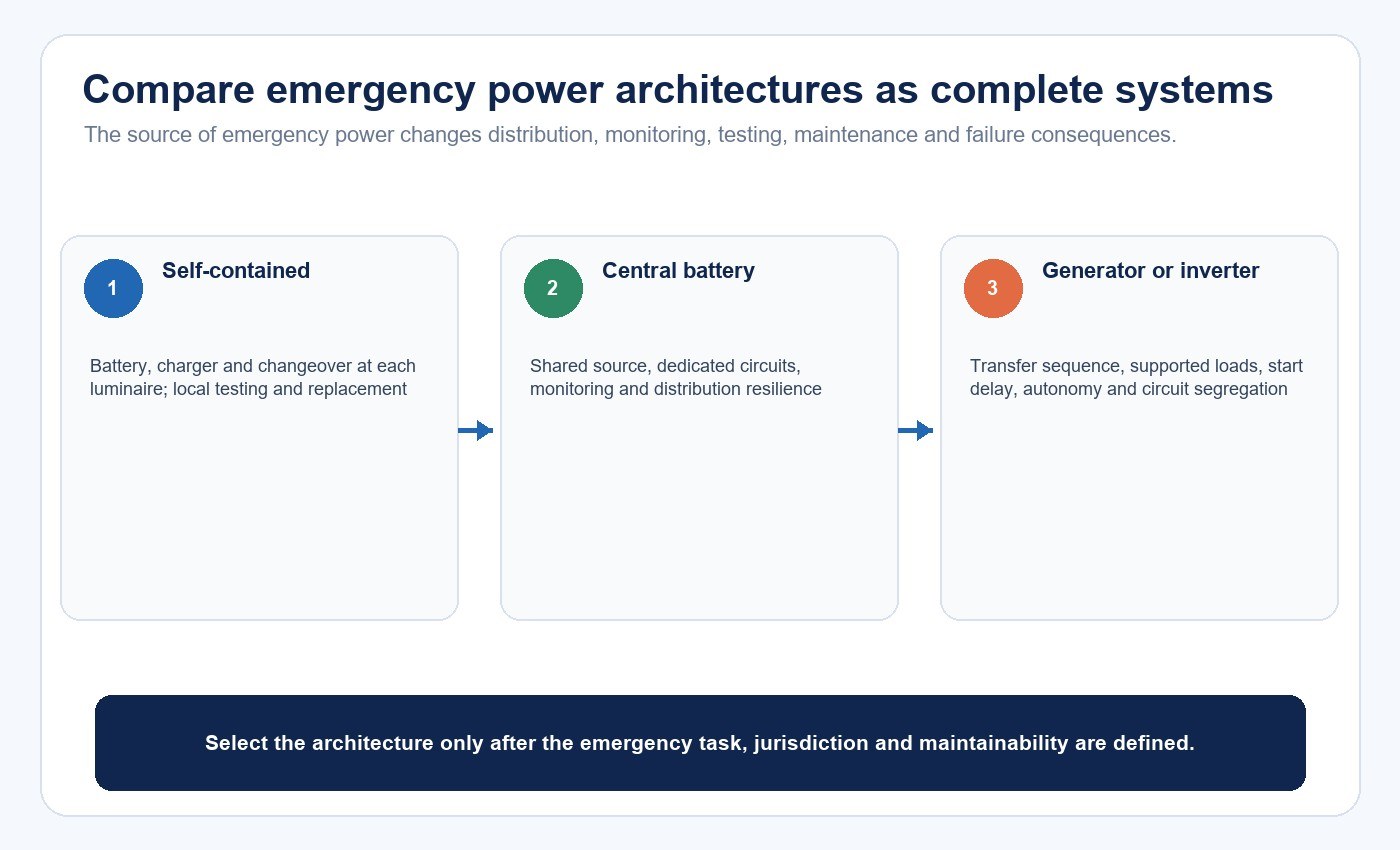 Comparison of self-contained, central-battery and generator or inverter emergency lighting architectures