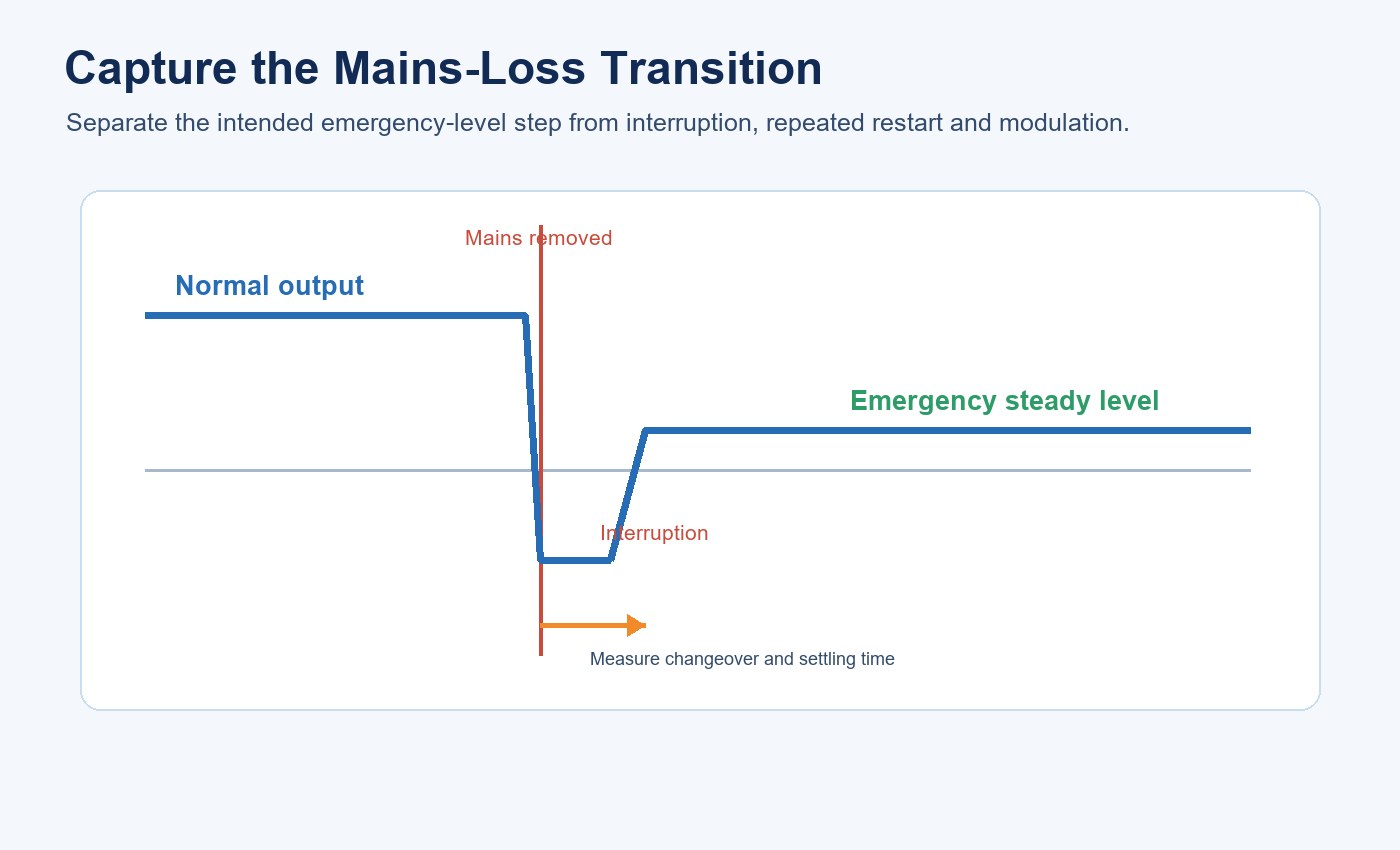 Timeline showing normal output, mains removal, interruption and emergency steady level