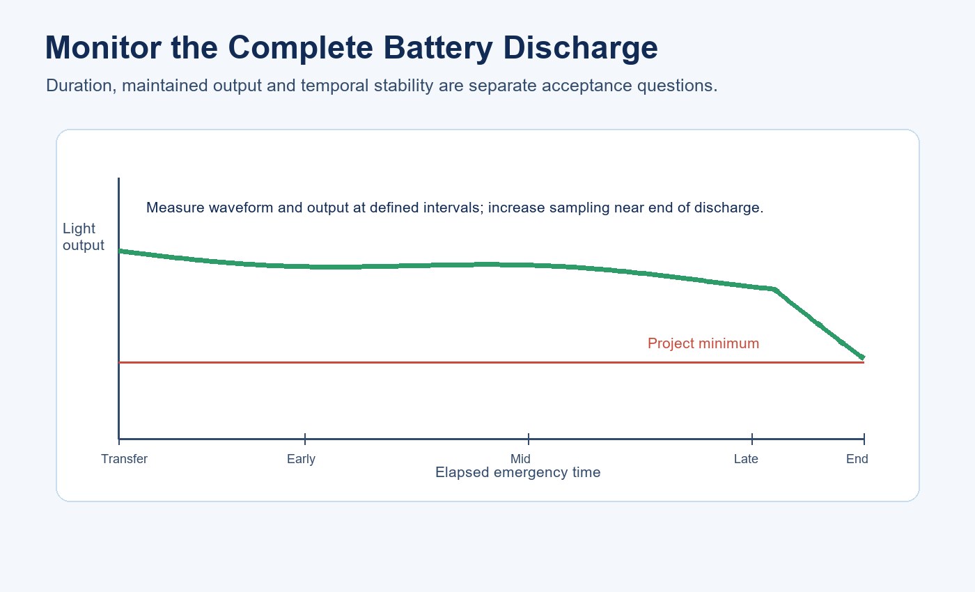 Emergency T8 battery discharge profile with output measurements from transfer to end