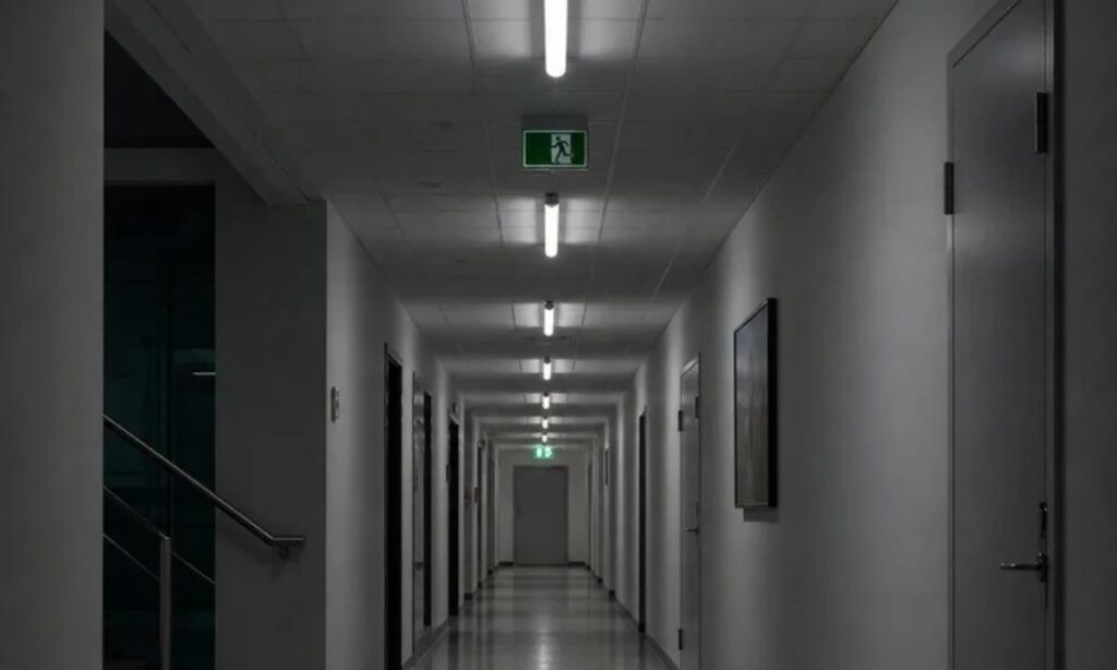 Emergency lighting illuminating a corridor during a power outage