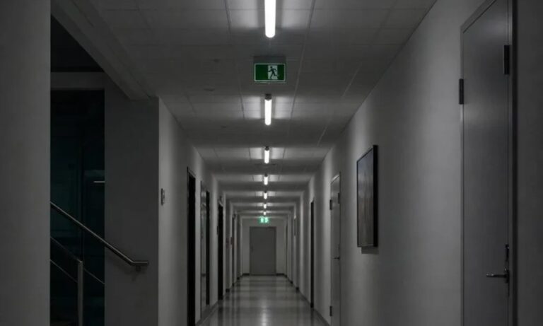 Emergency lighting illuminating a corridor during a power outage