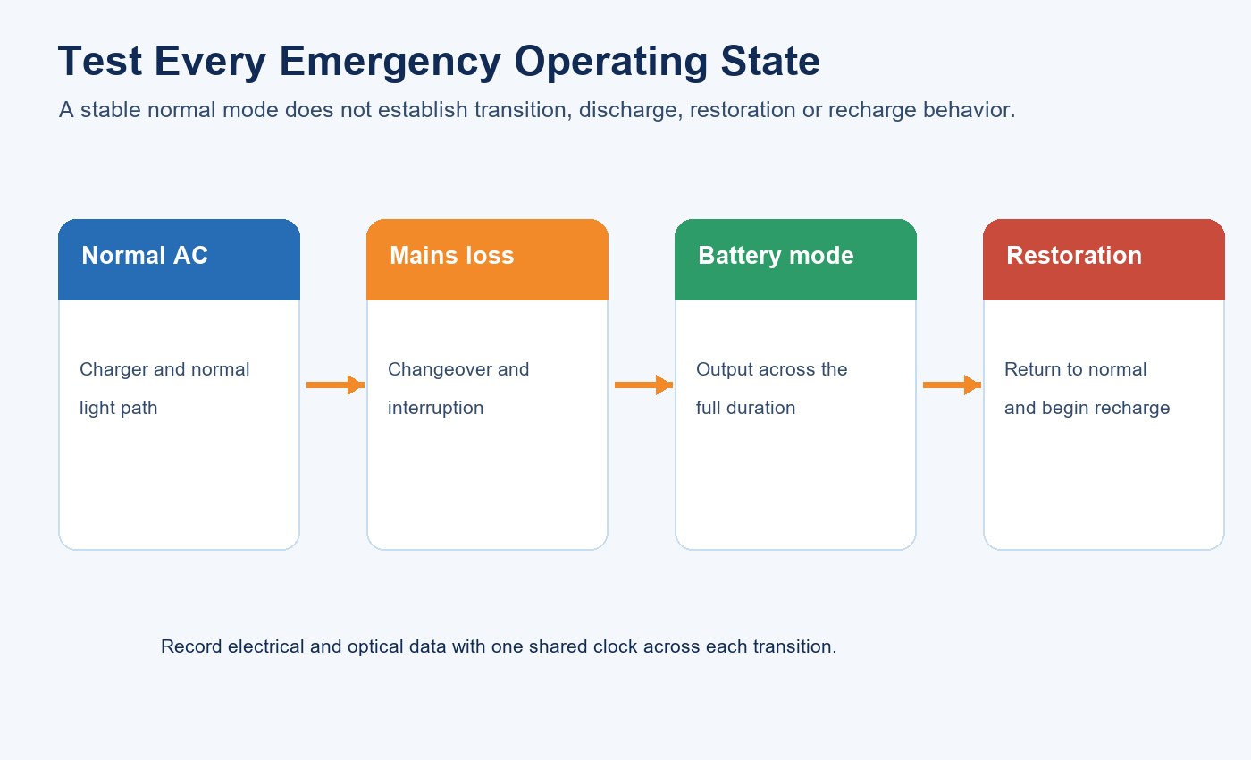 Four emergency T8 LED tube operating states from normal AC through restoration
