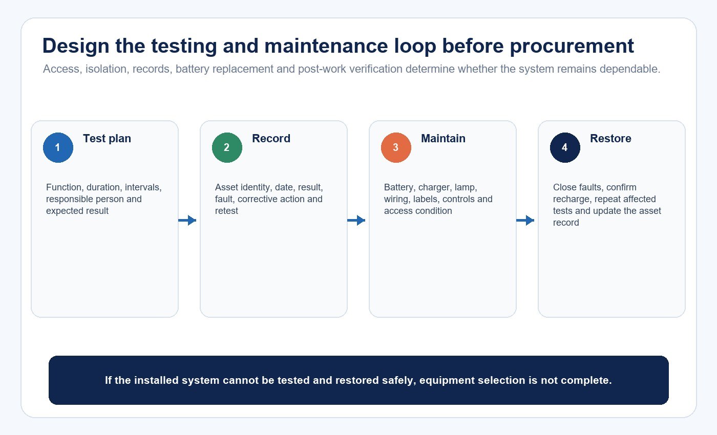 Emergency lighting test, record, maintenance and restoration loop