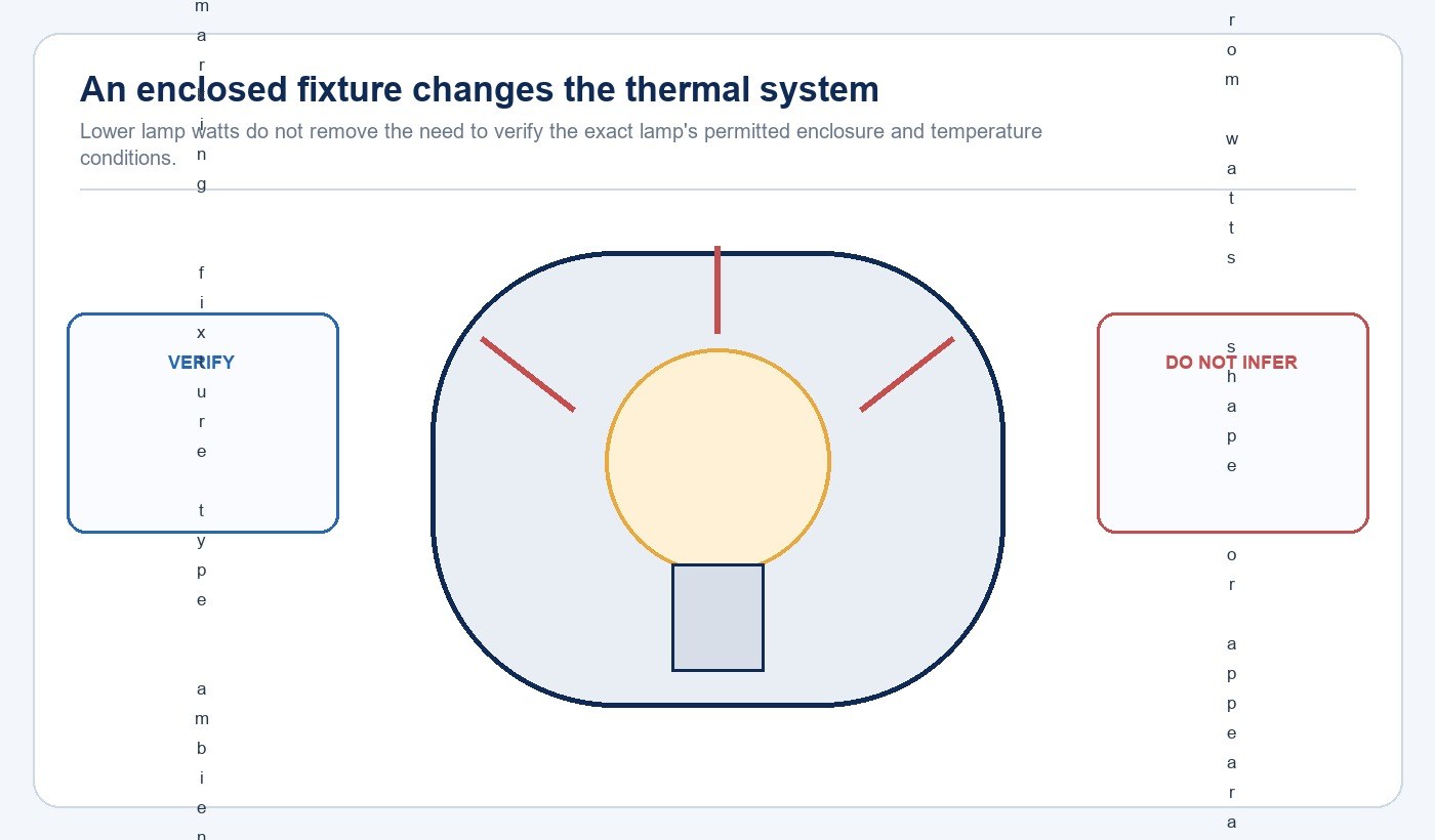 Diagram showing heat retained around an LED filament bulb in an enclosed fixture